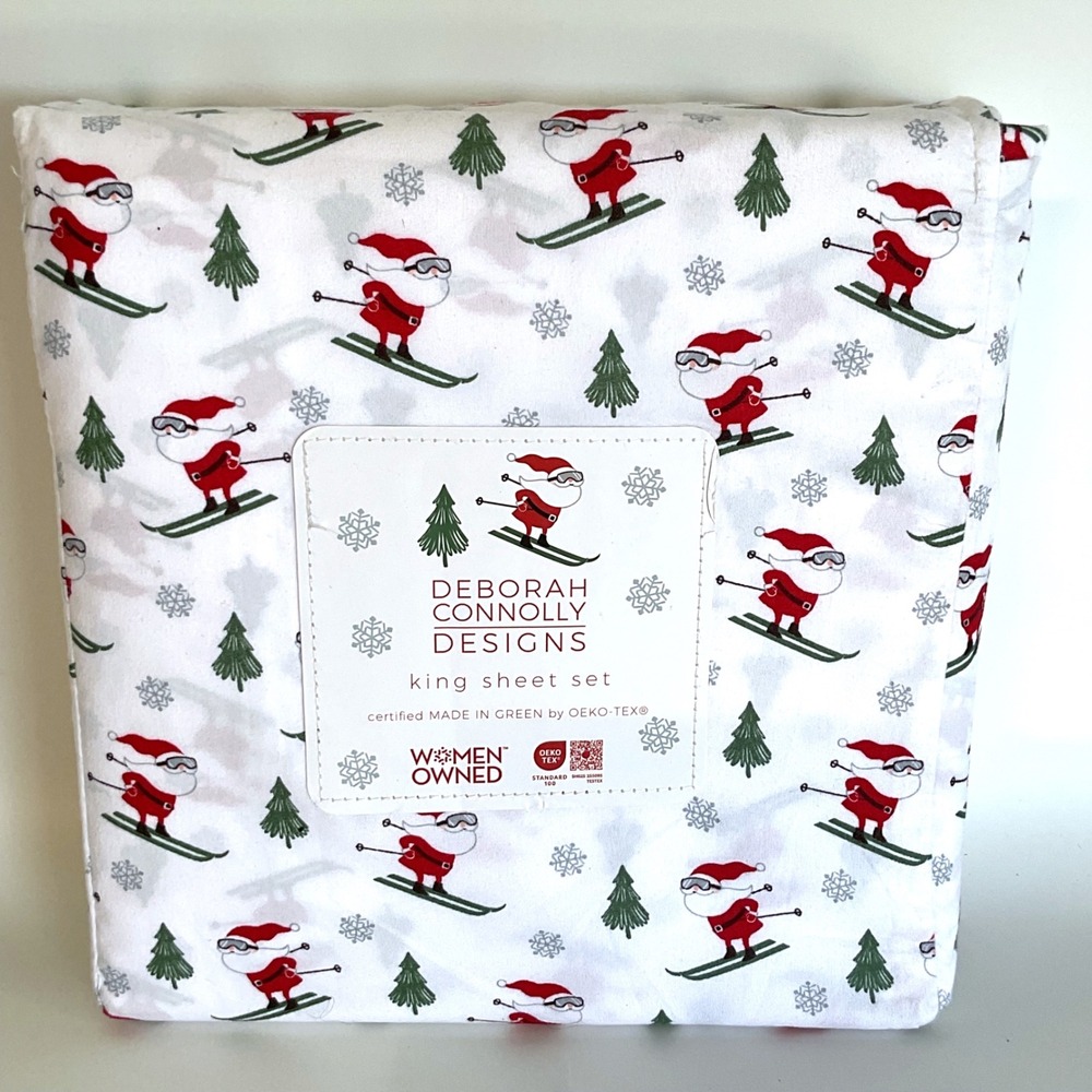 Deborah Connolly Designs King Sheet Set Skiing Santa Christmas Holiday 4pc NEW